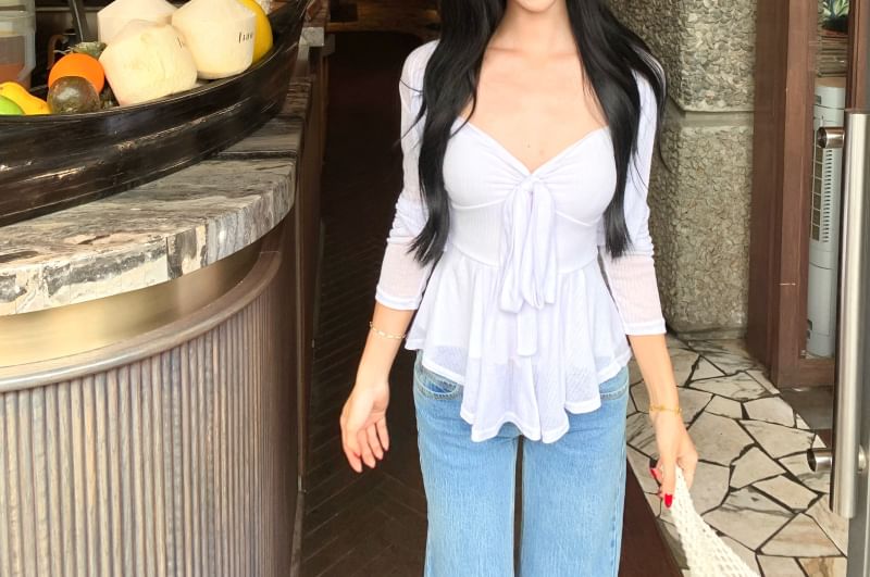 Bow Plain Accent Top V-Neck Cardigan Crop Set: Peplum + Cami