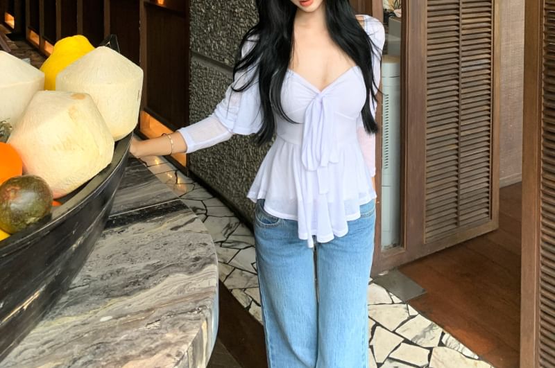 Bow Plain Accent Top V-Neck Cardigan Crop Set: Peplum + Cami