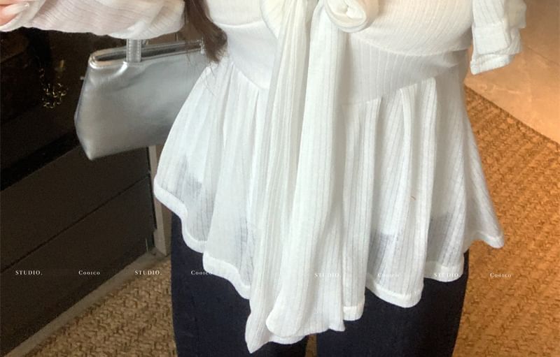 / Sweetheart Top Crop Neck Plain Tube Button-Up Neckline Bow Accent Flowy Round Cardigan