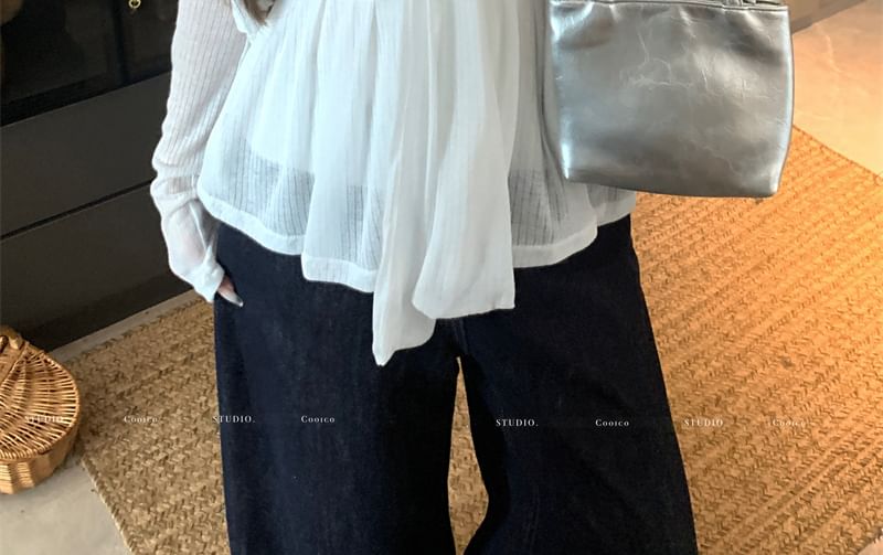 / Sweetheart Top Crop Neck Plain Tube Button-Up Neckline Bow Accent Flowy Round Cardigan