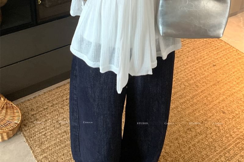 / Sweetheart Top Crop Neck Plain Tube Button-Up Neckline Bow Accent Flowy Round Cardigan