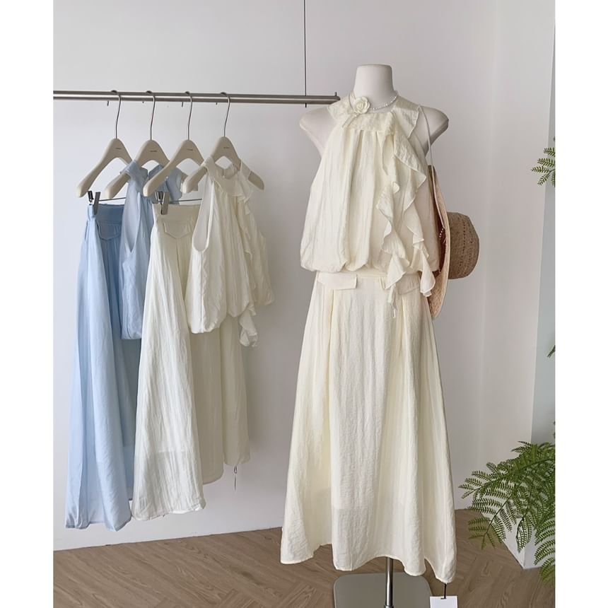 A-Line Rise Halter High Ruffle Midi Blouse + Plain Skirt Set: