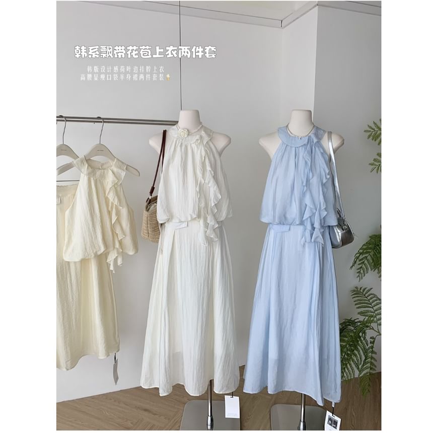 A-Line Rise Halter High Ruffle Midi Blouse + Plain Skirt Set:
