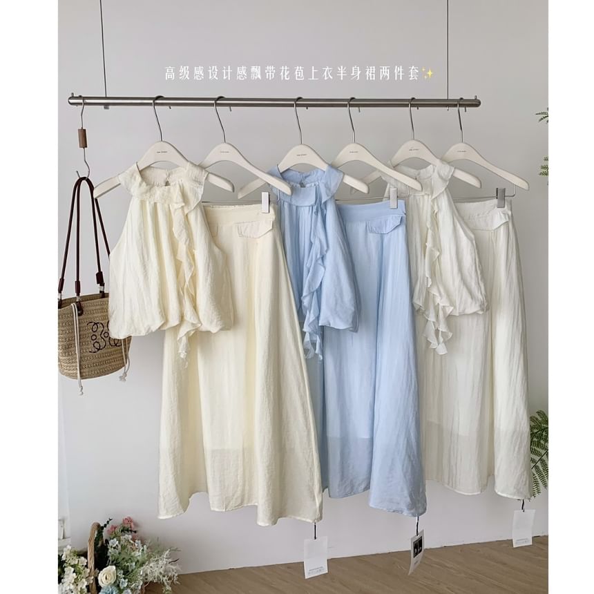 A-Line Rise Halter High Ruffle Midi Blouse + Plain Skirt Set: