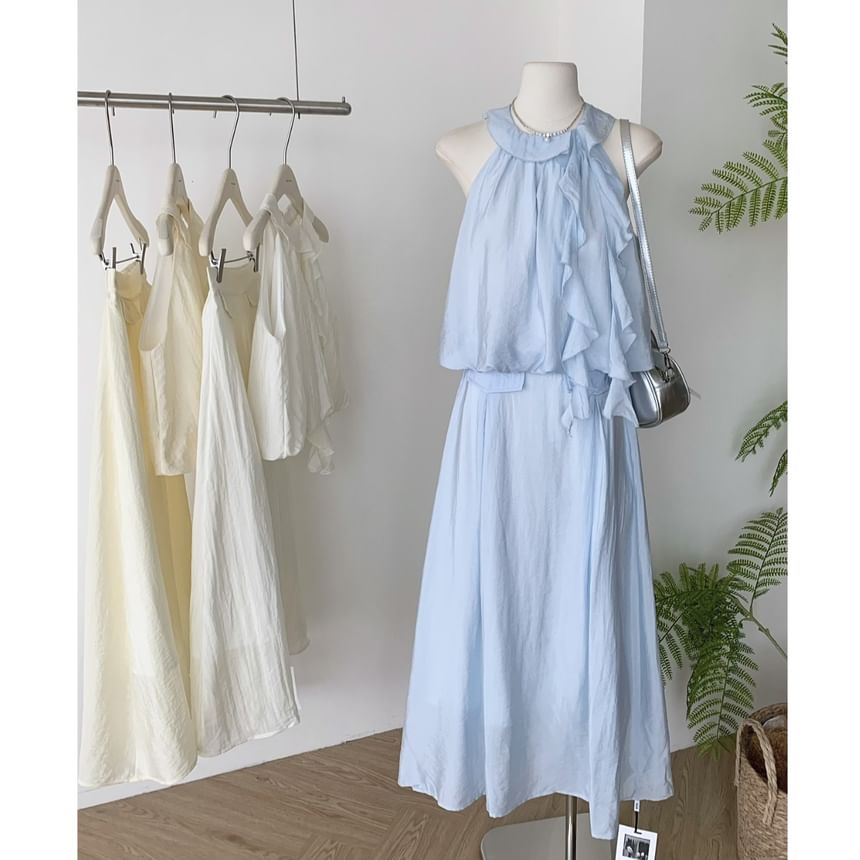 A-Line Rise Halter High Ruffle Midi Blouse + Plain Skirt Set: