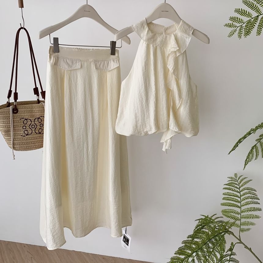 A-Line Rise Halter High Ruffle Midi Blouse + Plain Skirt Set: