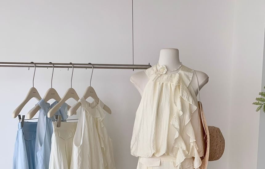 A-Line Rise Halter High Ruffle Midi Blouse + Plain Skirt Set: