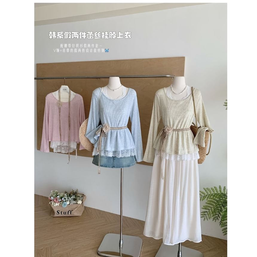 Neck Tee Plain Round Trim Long-Sleeve Lace