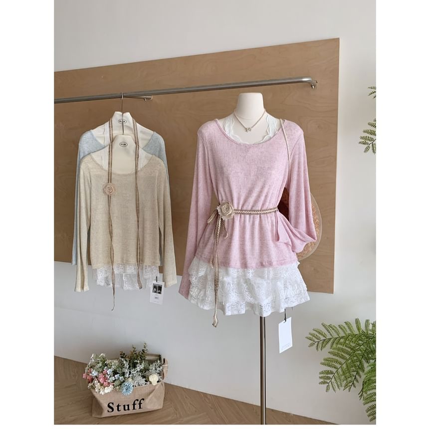 Neck Tee Plain Round Trim Long-Sleeve Lace