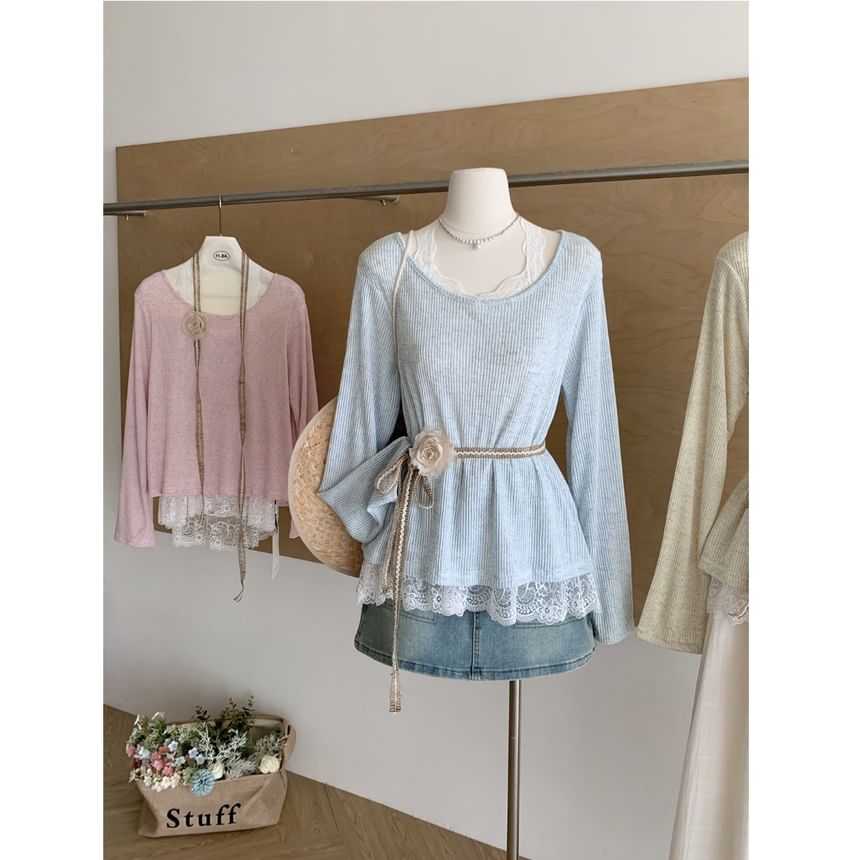 Neck Tee Plain Round Trim Long-Sleeve Lace