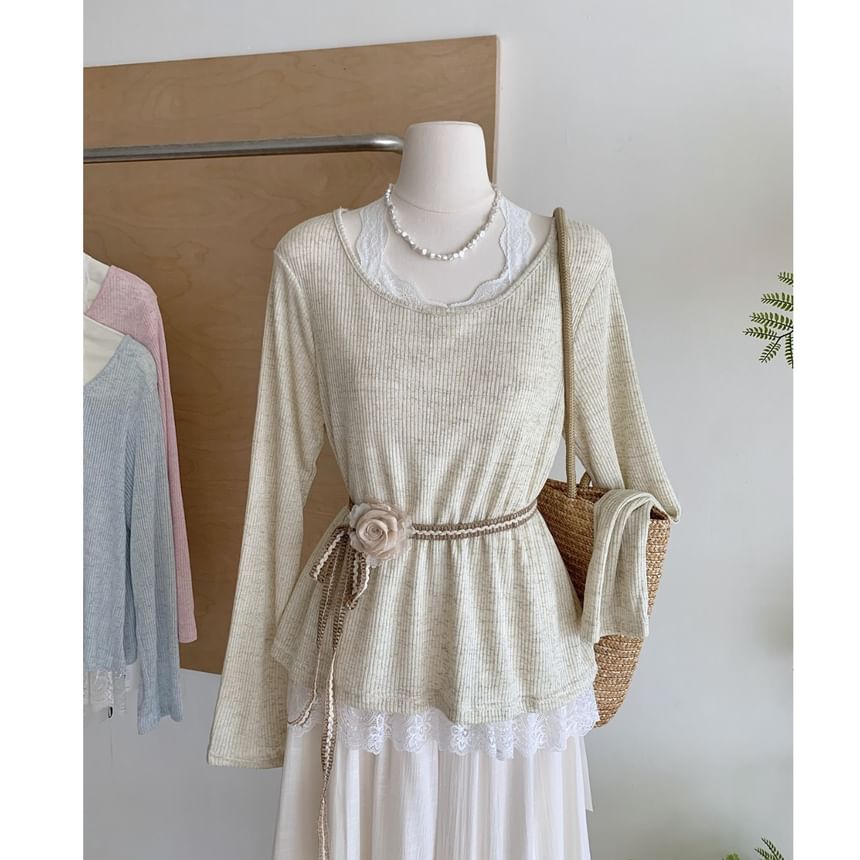 Neck Tee Plain Round Trim Long-Sleeve Lace