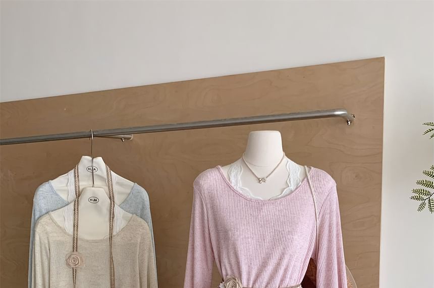 Neck Tee Plain Round Trim Long-Sleeve Lace