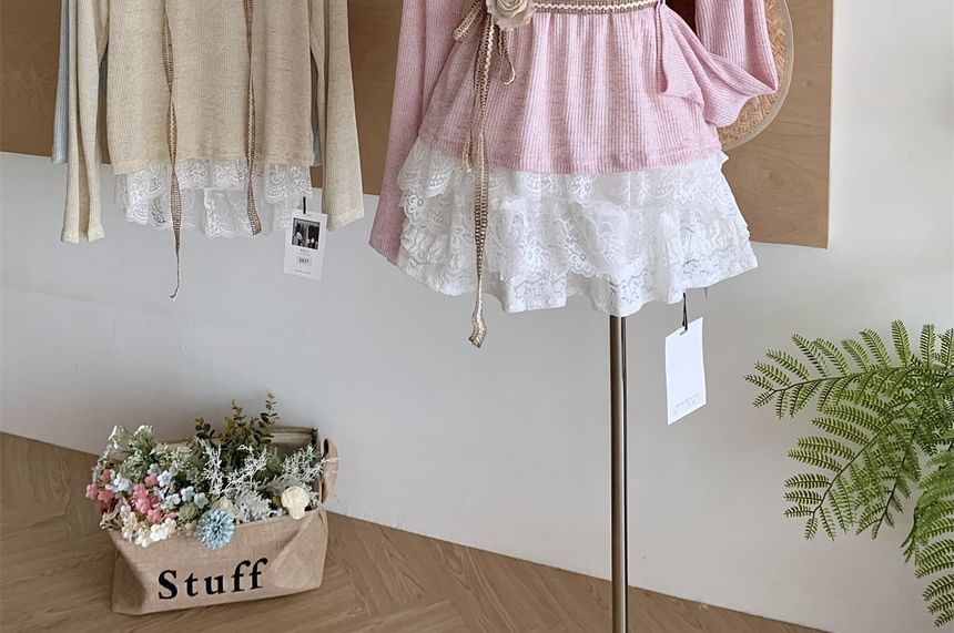 Neck Tee Plain Round Trim Long-Sleeve Lace