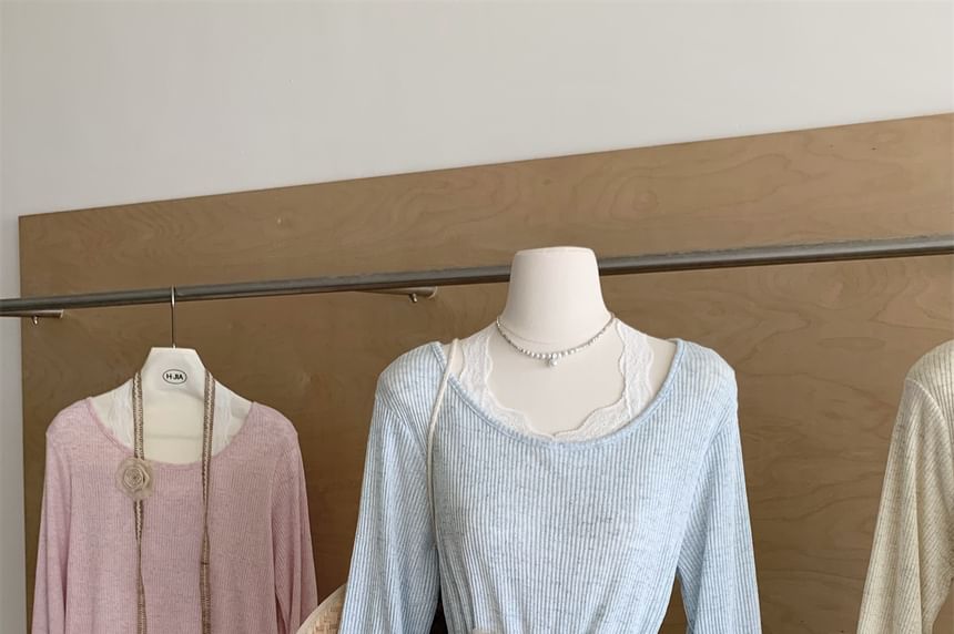 Neck Tee Plain Round Trim Long-Sleeve Lace