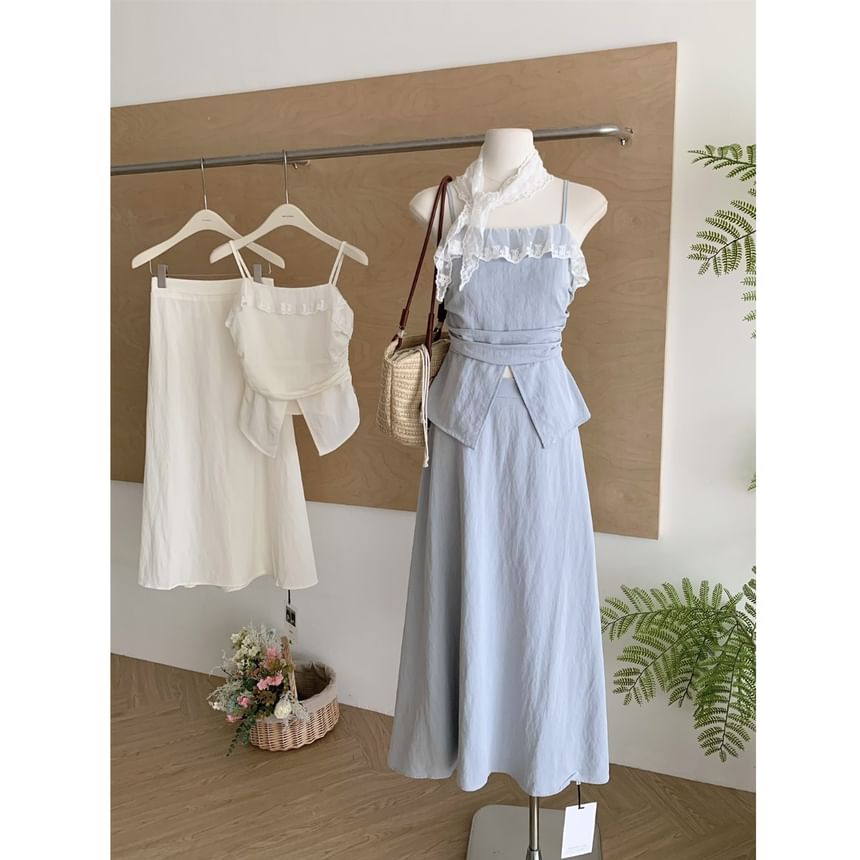 Set: Midi Top Skirt Camisole Plain Rise A-Line Front-Slit Trim High Lace +