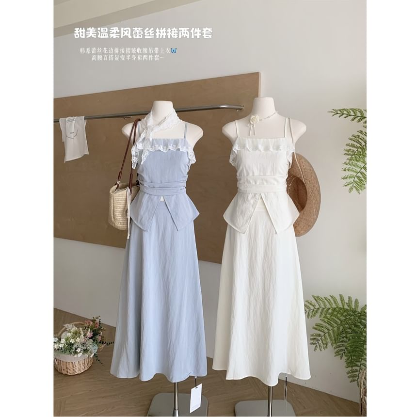 Set: Midi Top Skirt Camisole Plain Rise A-Line Front-Slit Trim High Lace +