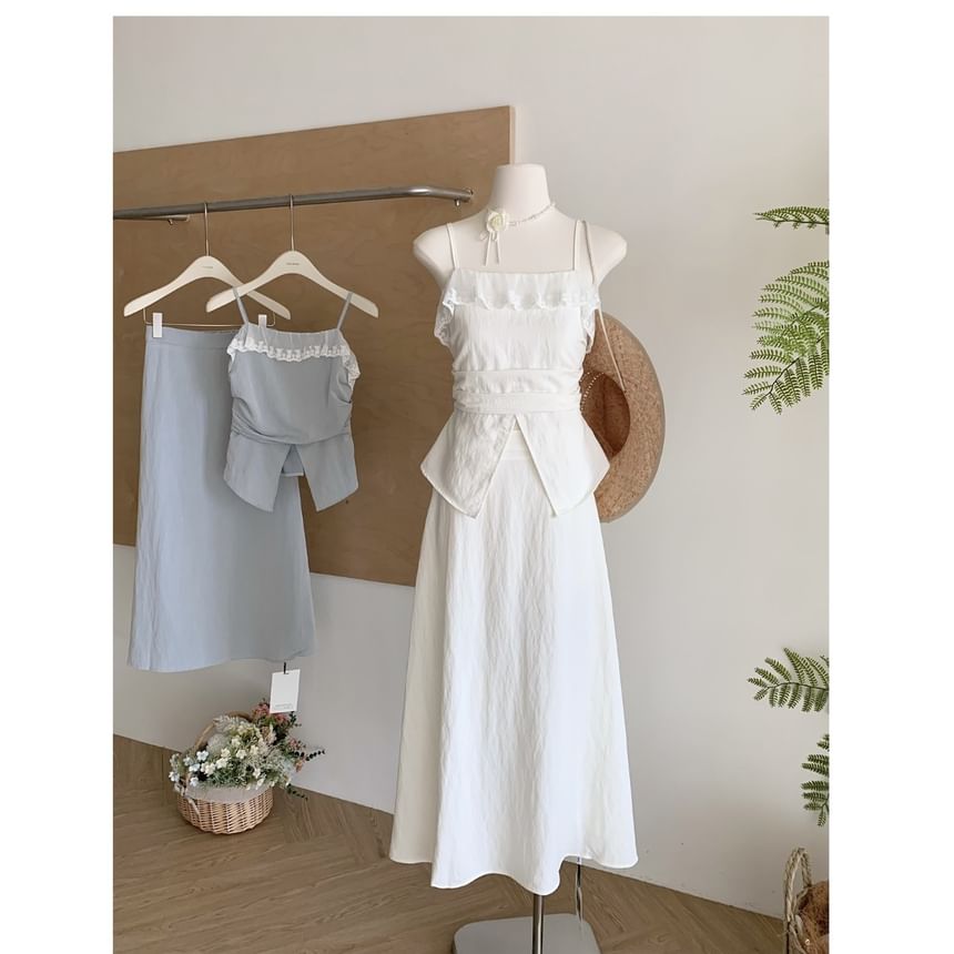 Set: Midi Top Skirt Camisole Plain Rise A-Line Front-Slit Trim High Lace +
