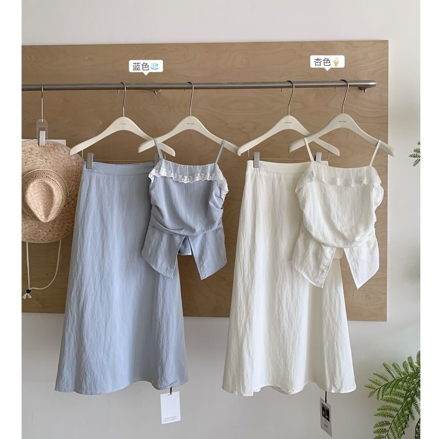 Set: Midi Top Skirt Camisole Plain Rise A-Line Front-Slit Trim High Lace +