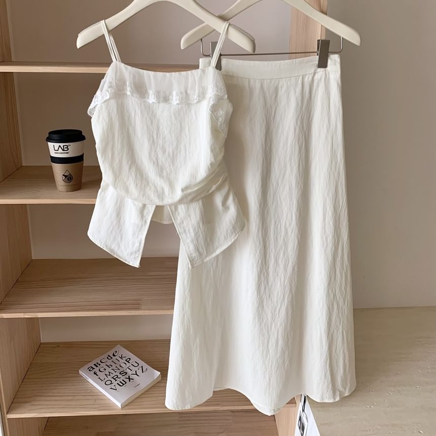 Set: Midi Top Skirt Camisole Plain Rise A-Line Front-Slit Trim High Lace +