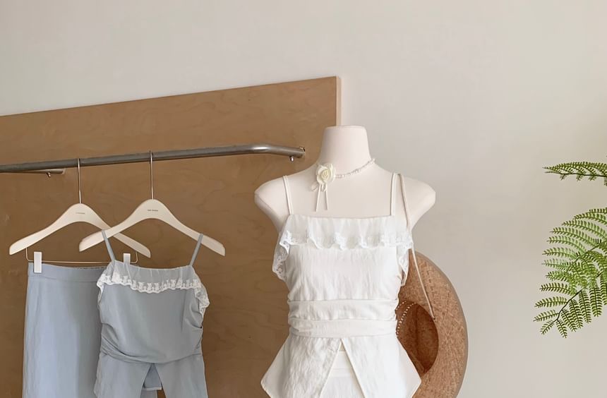 Set: Midi Top Skirt Camisole Plain Rise A-Line Front-Slit Trim High Lace +