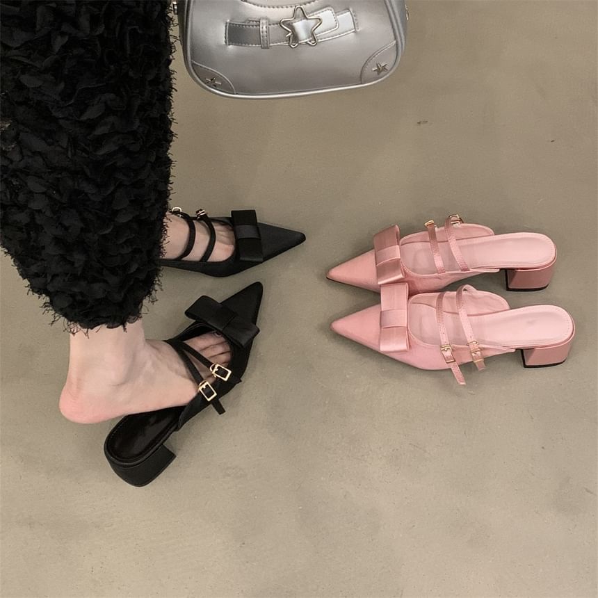 Chunky Bow Mules Jane Heel Toe Pointed Mary