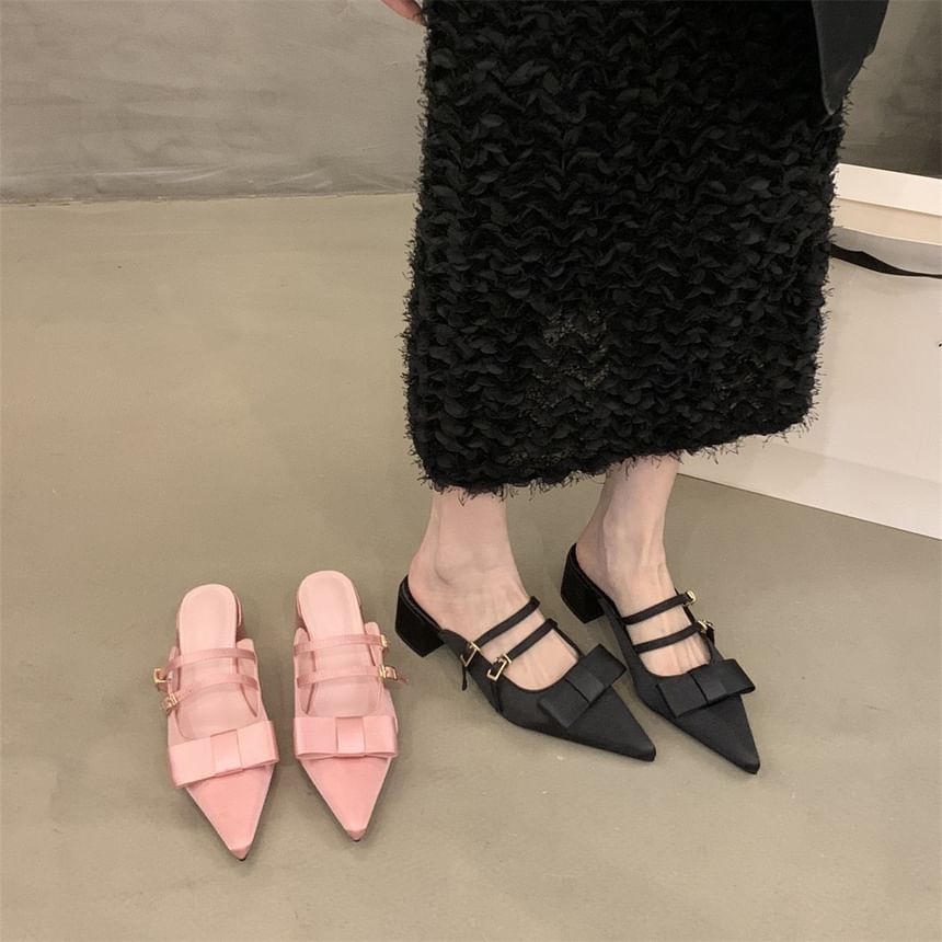 Chunky Bow Mules Jane Heel Toe Pointed Mary