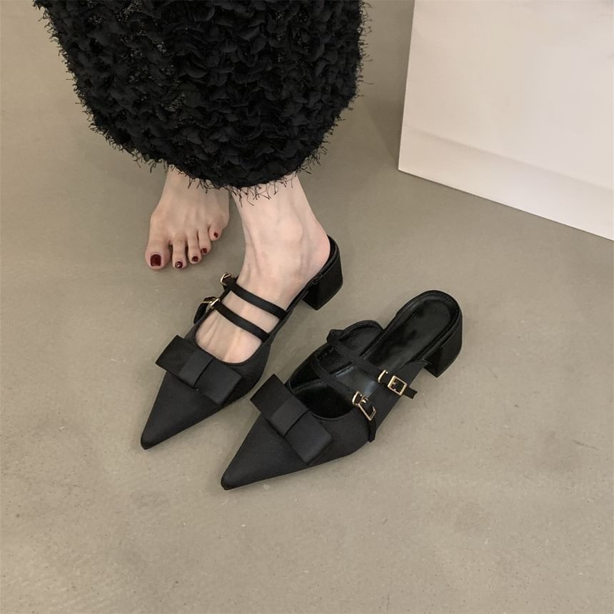 Chunky Bow Mules Jane Heel Toe Pointed Mary