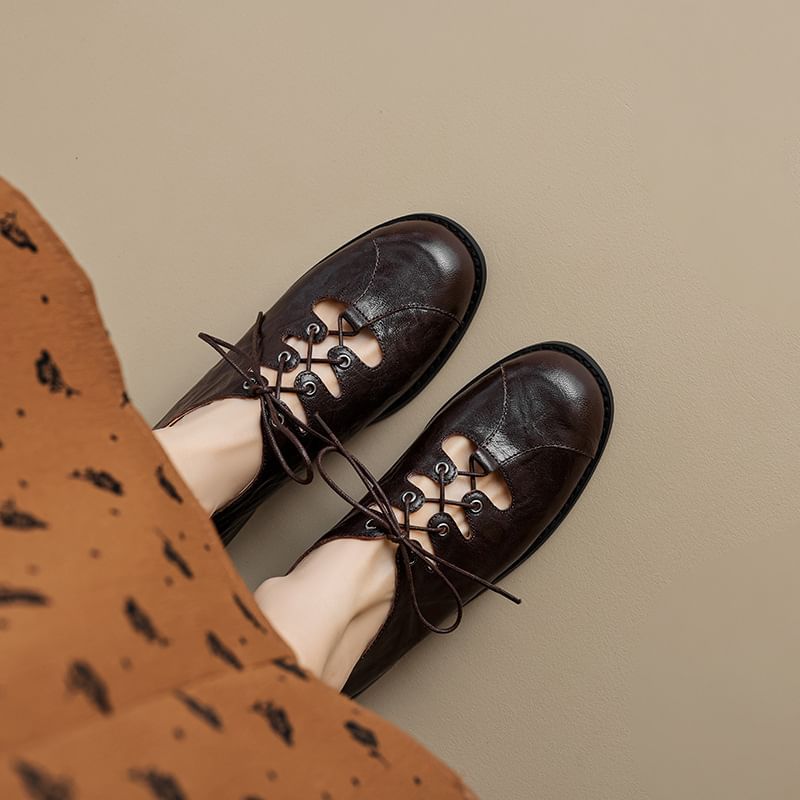 Leather Lace-Up Faux Shoes Oxford Cutout