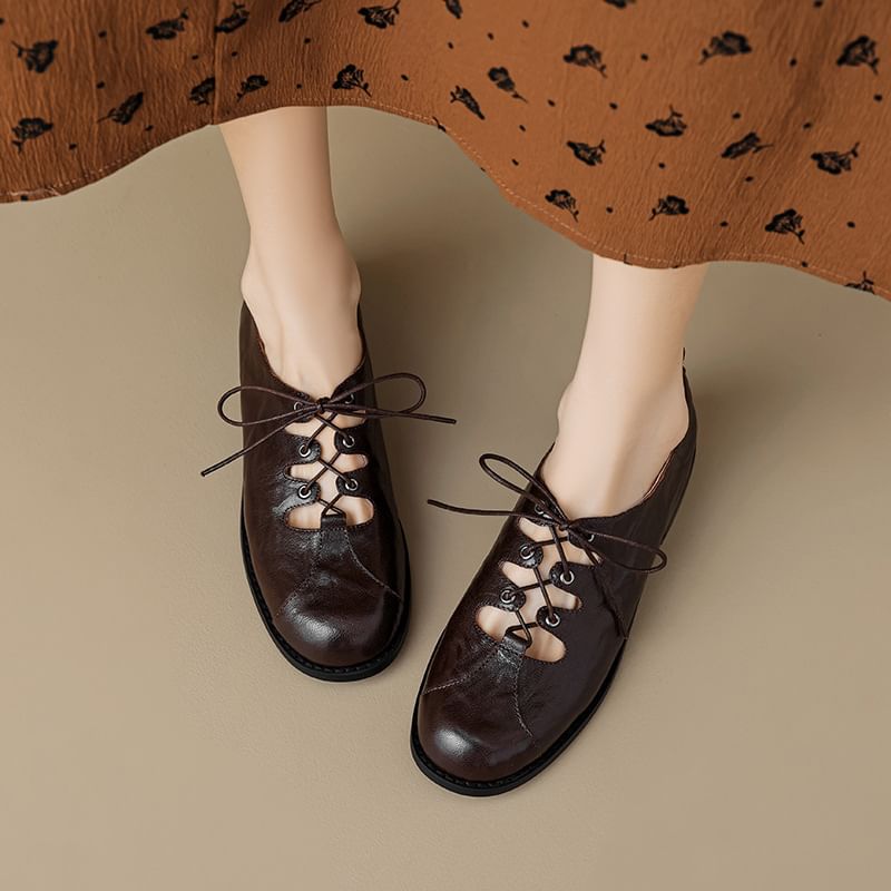 Leather Lace-Up Faux Shoes Oxford Cutout