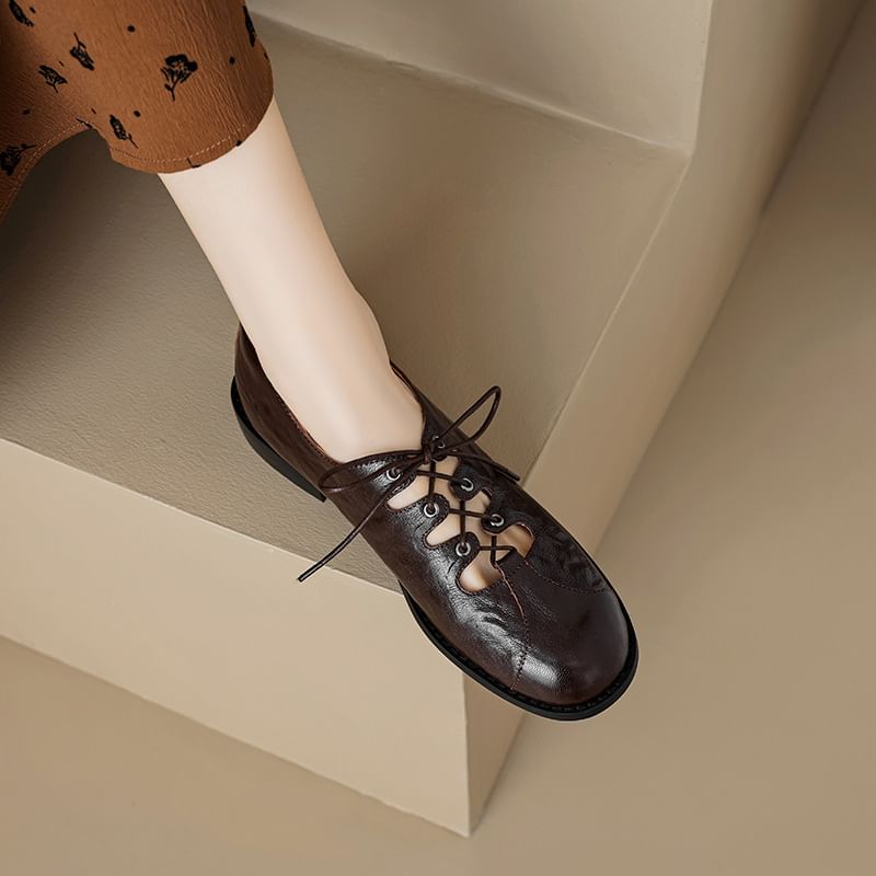 Leather Lace-Up Faux Shoes Oxford Cutout
