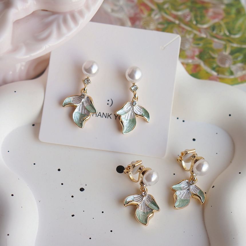 Pearl Drop Rhinestone Earring / Faux Flower Clip-On