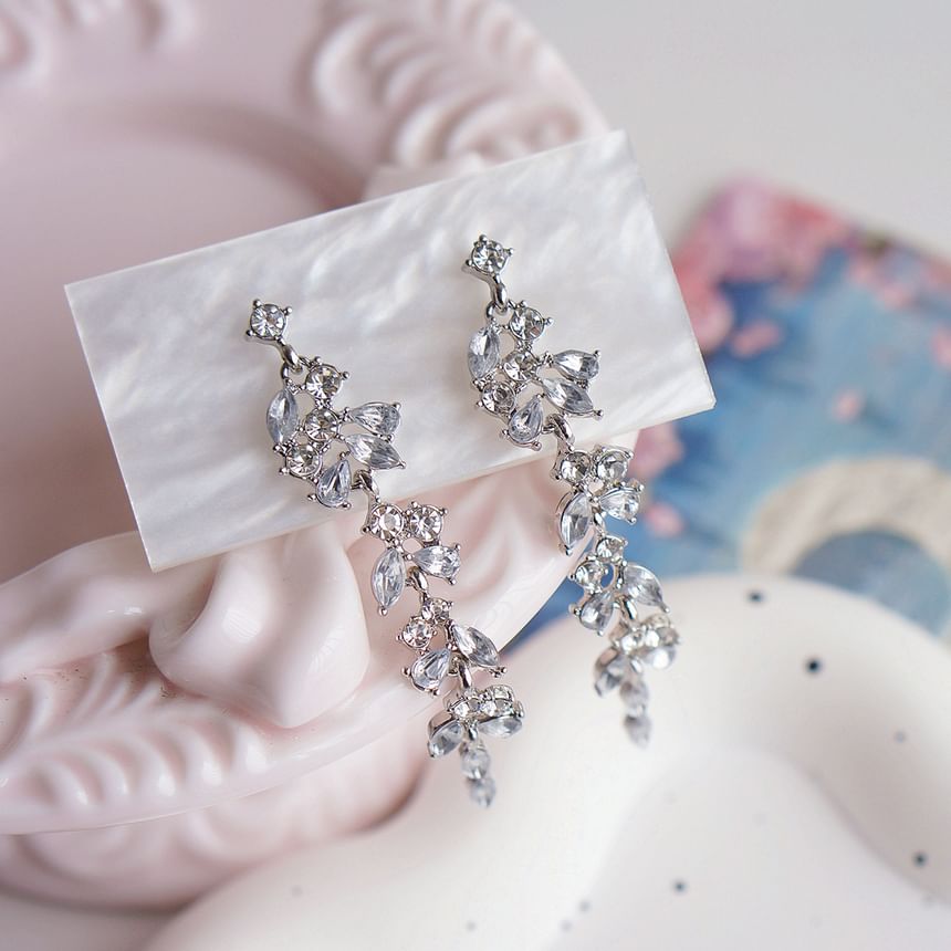 / Earring Rhinestone Drop Leaf Clip-On