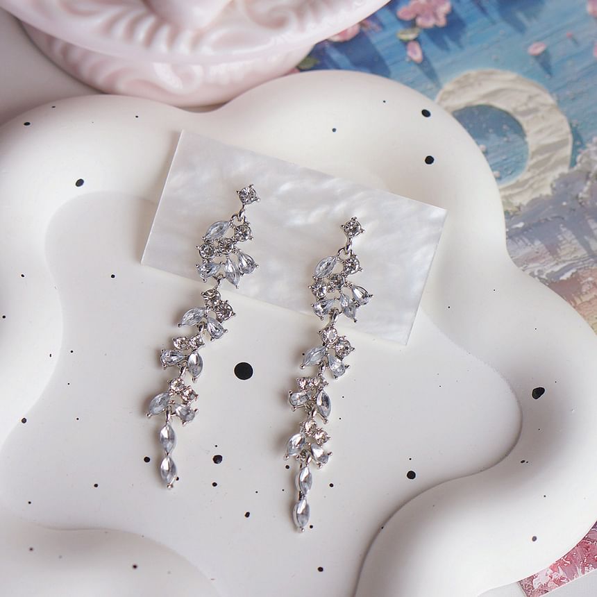 / Earring Rhinestone Drop Leaf Clip-On