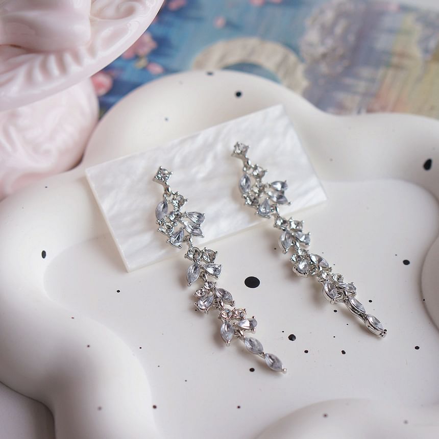/ Earring Rhinestone Drop Leaf Clip-On