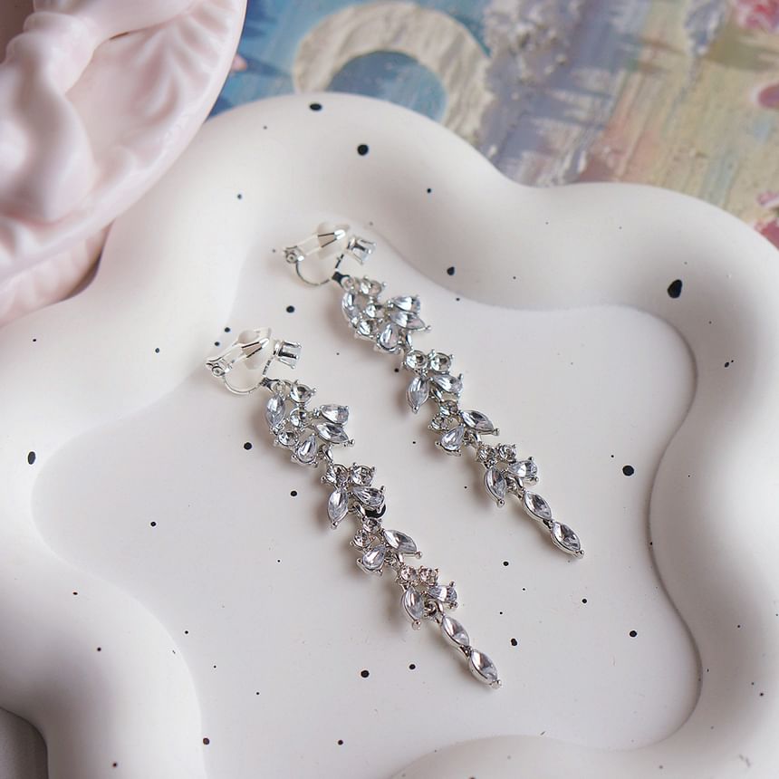 / Earring Rhinestone Drop Leaf Clip-On