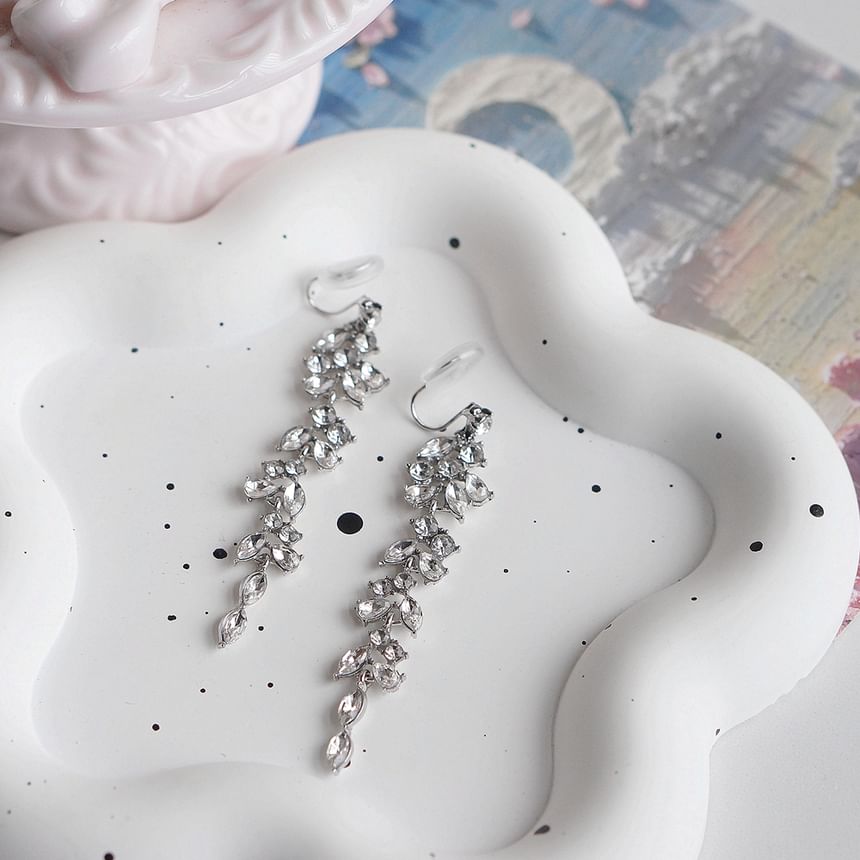 / Earring Rhinestone Drop Leaf Clip-On