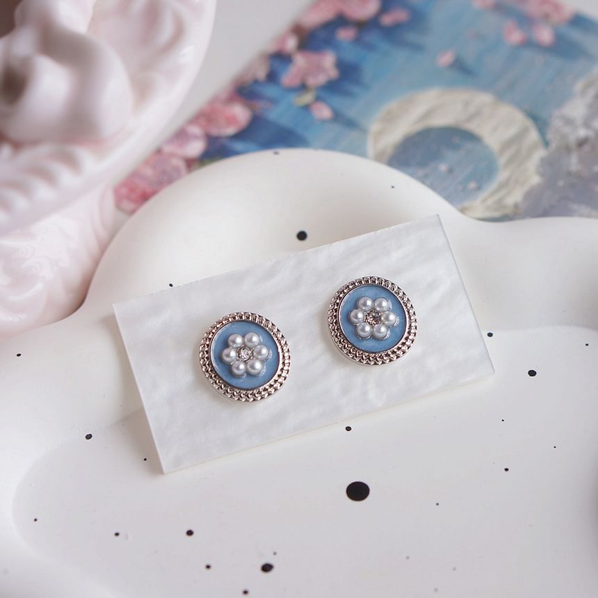 Flower Rhinestone Faux Pearl Ear Stud / Clip-On Earring