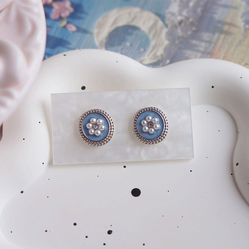 Flower Rhinestone Faux Pearl Ear Stud / Clip-On Earring