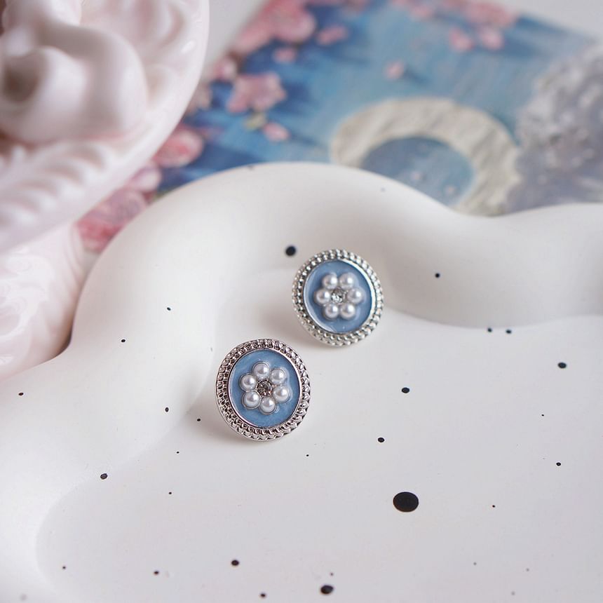 Flower Rhinestone Faux Pearl Ear Stud / Clip-On Earring