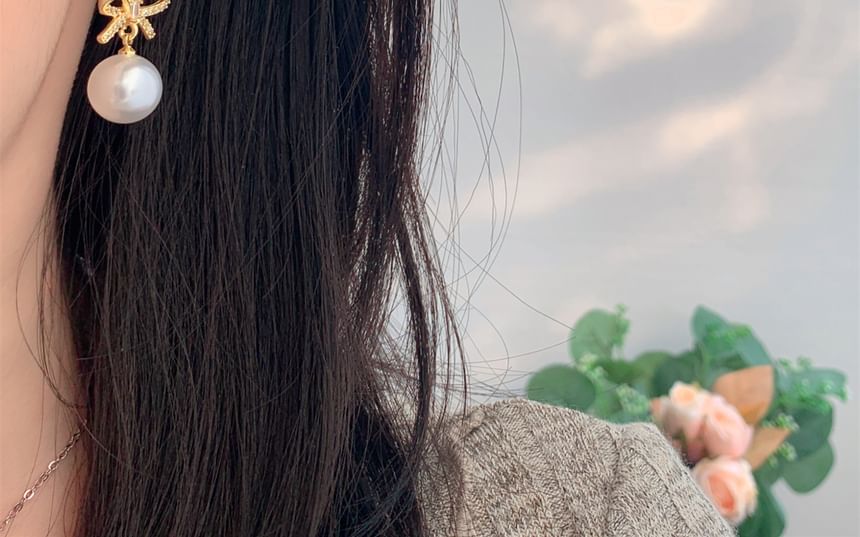 Faux Pearl Rhinestone Huggie Drop Bow Earring