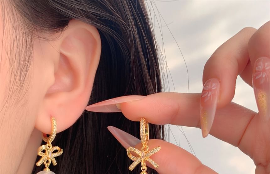 Faux Pearl Rhinestone Huggie Drop Bow Earring
