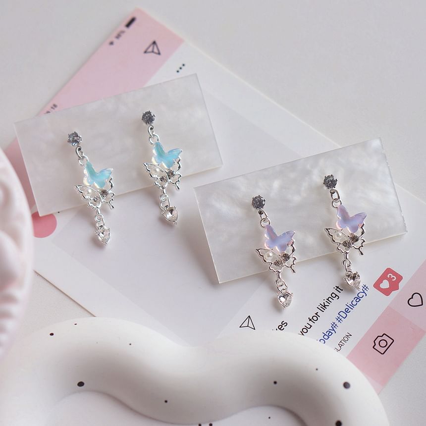 / Rhinestone Drop Earring Clip-On Pearl Faux Butterfly