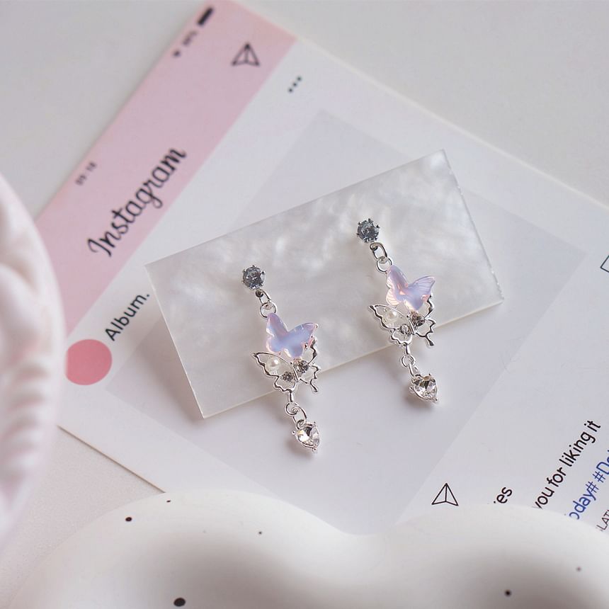 / Rhinestone Drop Earring Clip-On Pearl Faux Butterfly