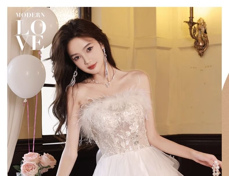 Evening Asymmetrical Strapless Mesh A-Line Gown Fluffy