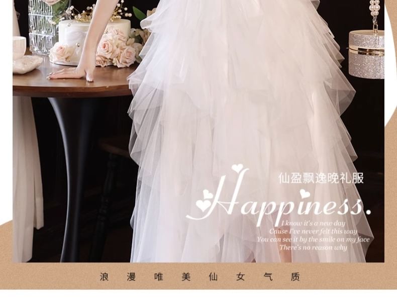 Evening Asymmetrical Strapless Mesh A-Line Gown Fluffy