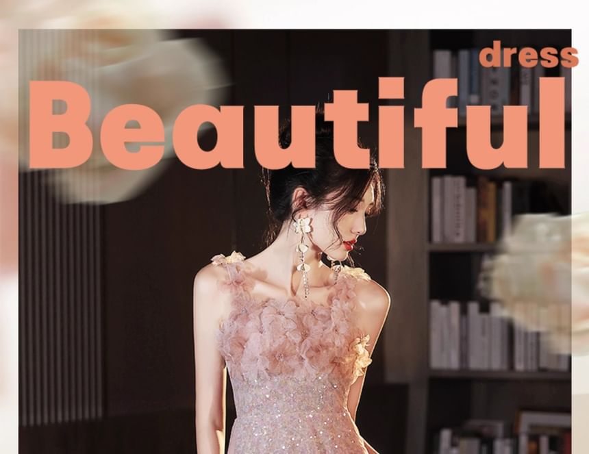 Strap Evening Glitter Gown Wide A-Line Floral