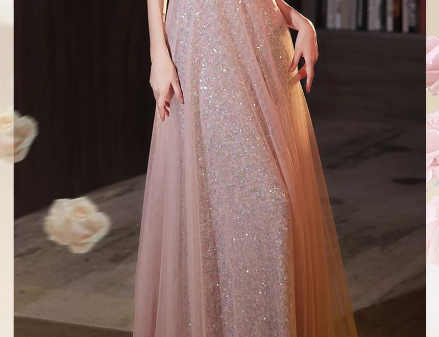 Strap Evening Glitter Gown Wide A-Line Floral