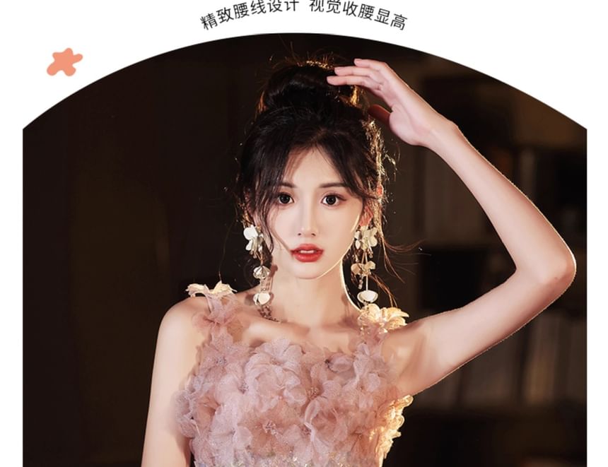 Strap Evening Glitter Gown Wide A-Line Floral