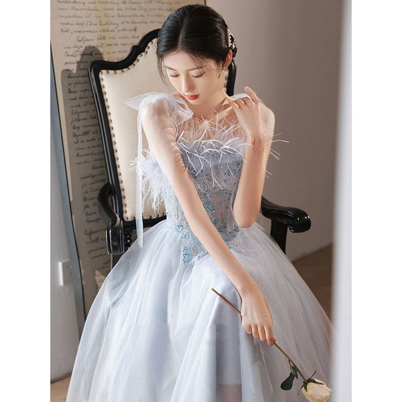 Trim Evening Fluffy Sequined Tie-Shoulder A-Line Gown