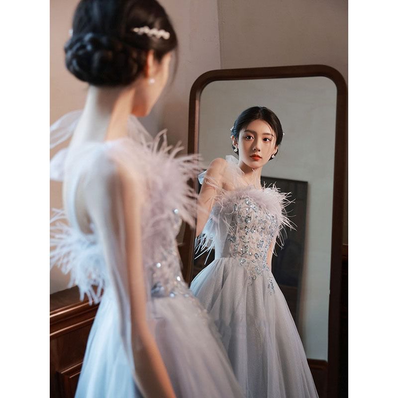 Trim Evening Fluffy Sequined Tie-Shoulder A-Line Gown